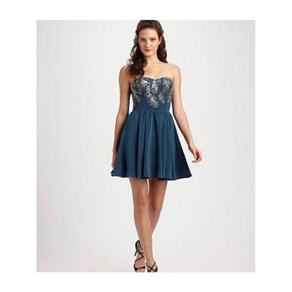 Rebecca Taylor Strapless Silk Mini Dress Size 6 in Blue Green - Picture 1 of 5